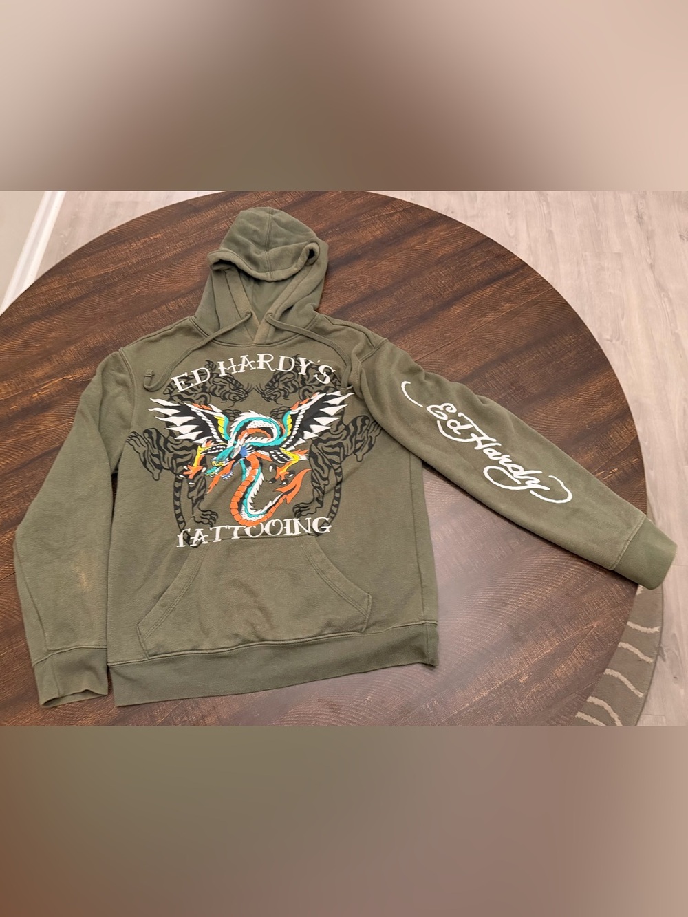 Ed Hardy Dragon Tiger Tattoing Sweatshirt Hoodie Green Men's S